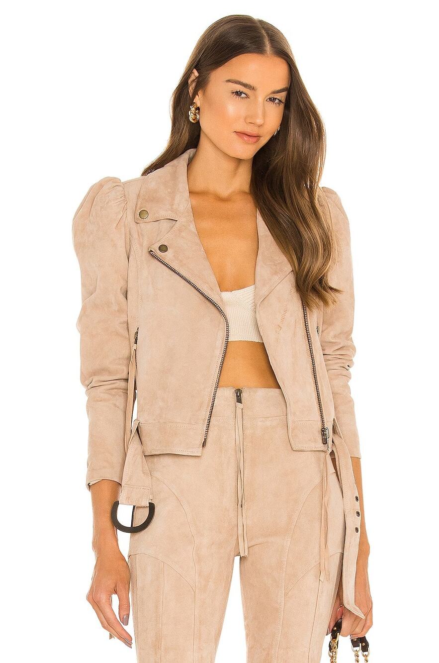 Retrofete Tai Suede Leather Jacket Puff Sleeve Belted Biker Moto Night Out Y2K S